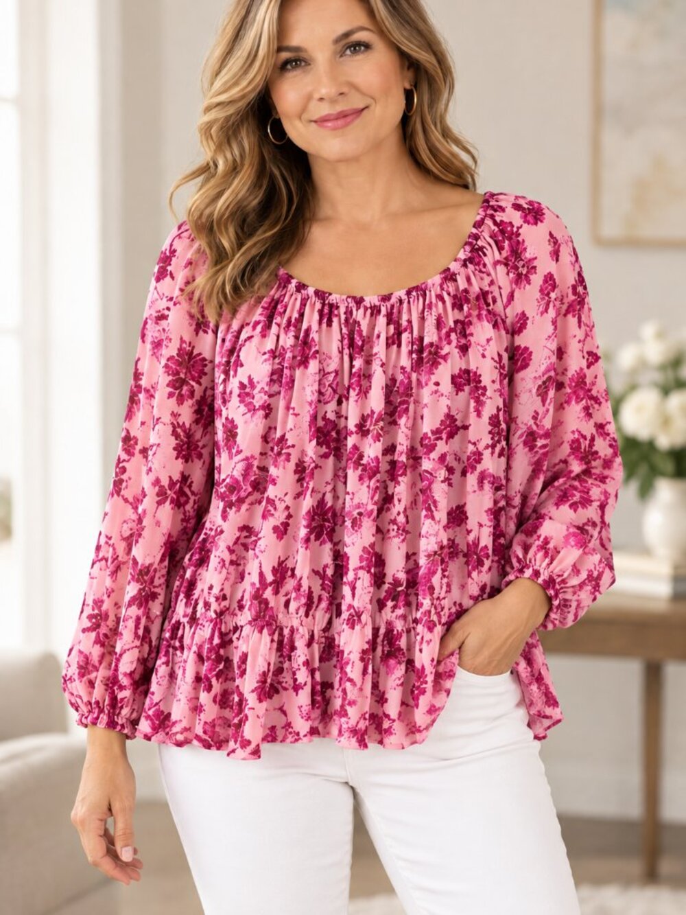 Wonderly NWT Women L Pink Floral Ruffle Hem Peasant Blouse Long Sleeve Top Boho